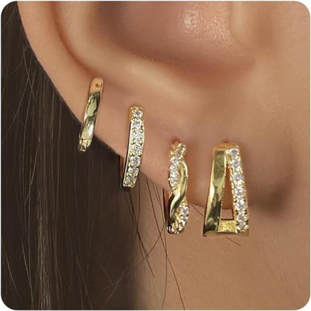 4 Pairs Gold Hoop Earrings Set, 14K Gold Plated Trendy Small Gold Trendy